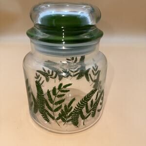 70's Vintage Glass Storage Container Canister Lid Avocado Green Fern Kitchen